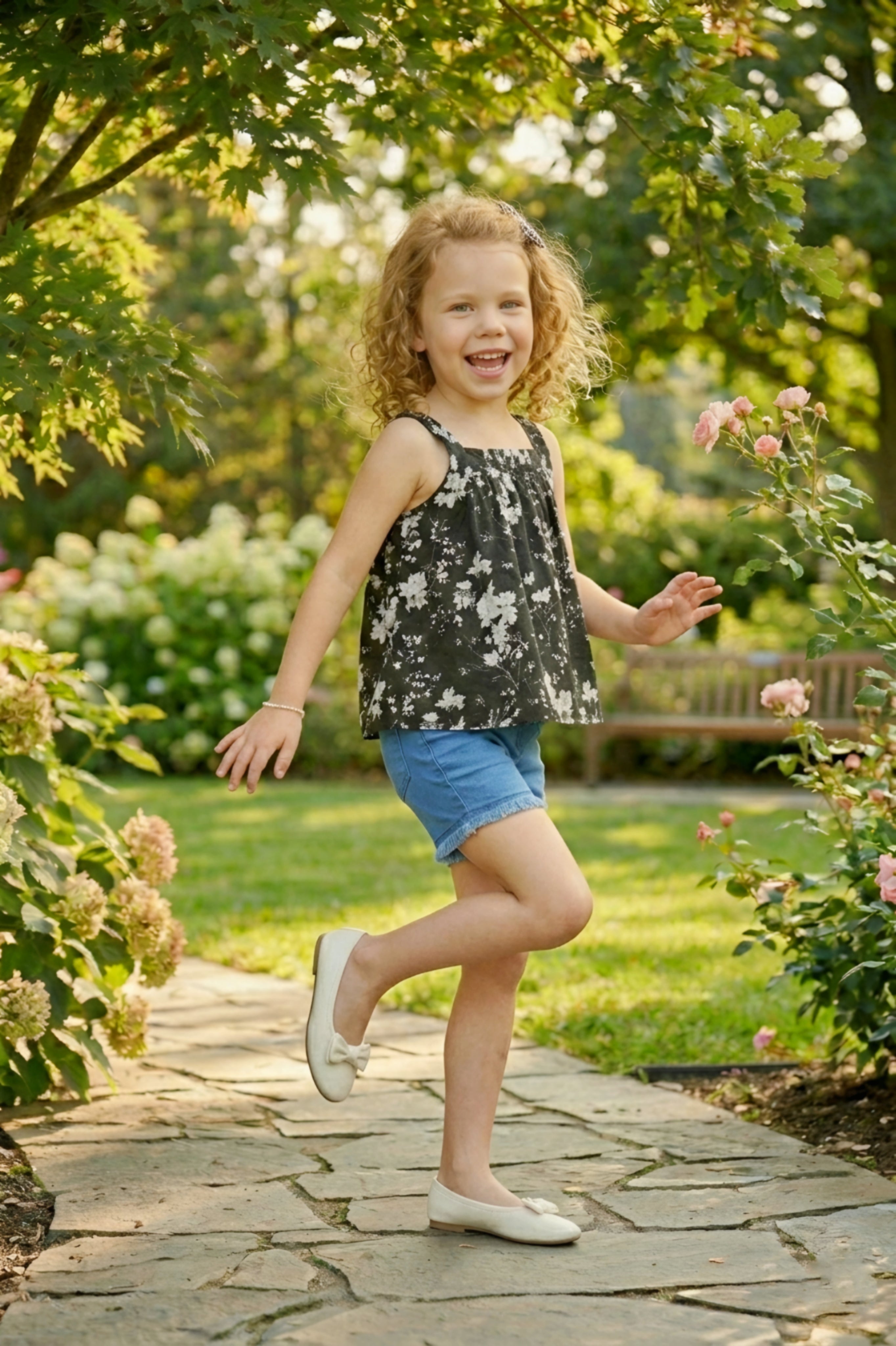 Girls Black Floral Printed Top & Denim Shorts Set