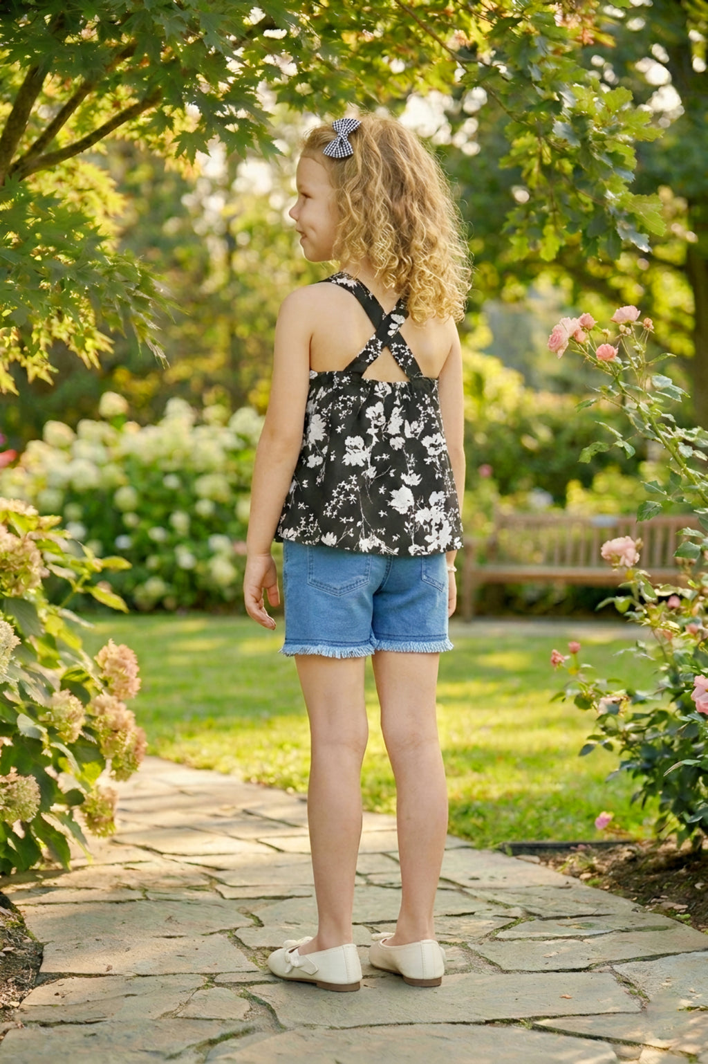 Girls Black Floral Printed Top & Denim Shorts Set
