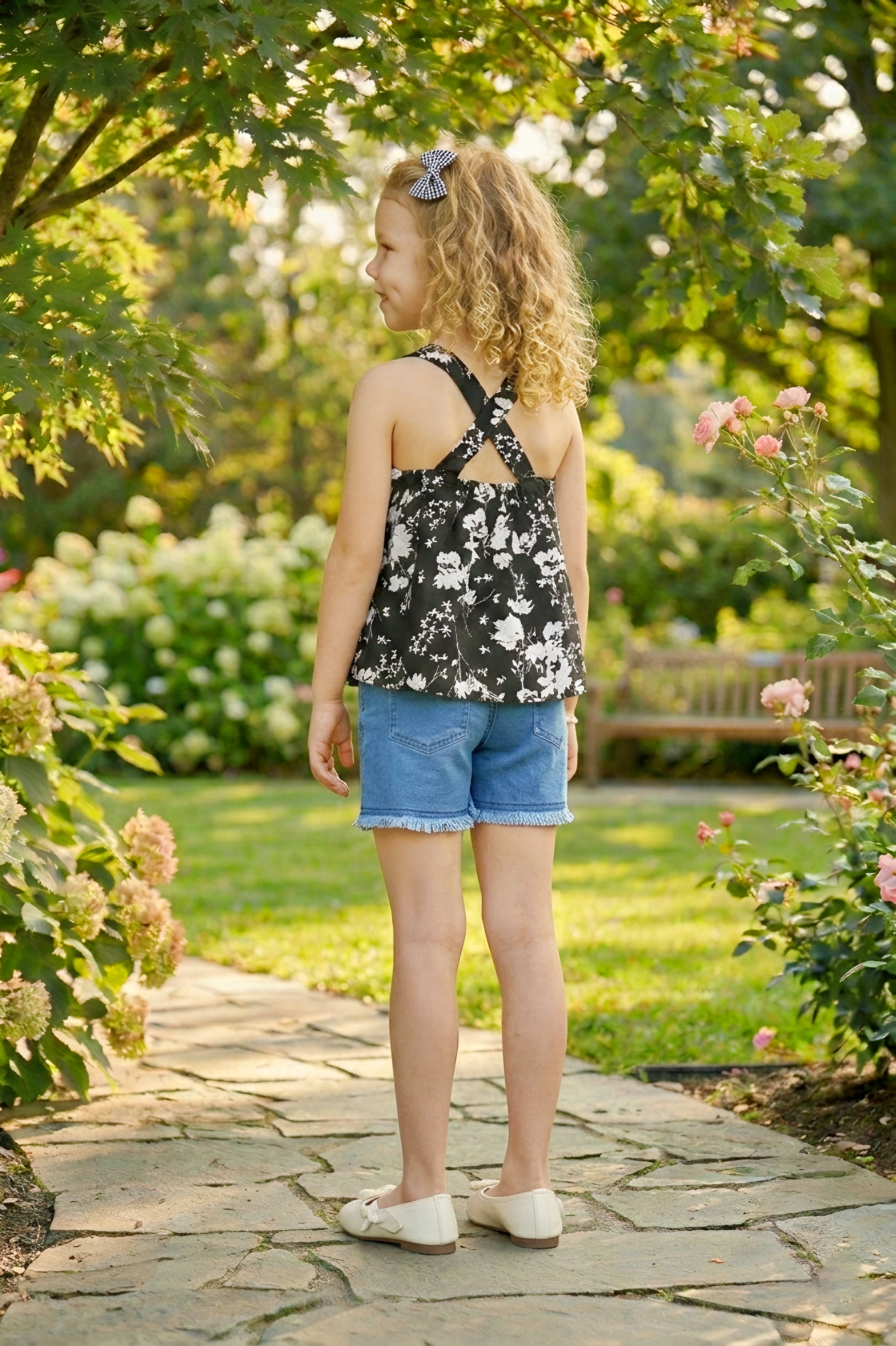 Girls Black Floral Printed Top & Denim Shorts Set