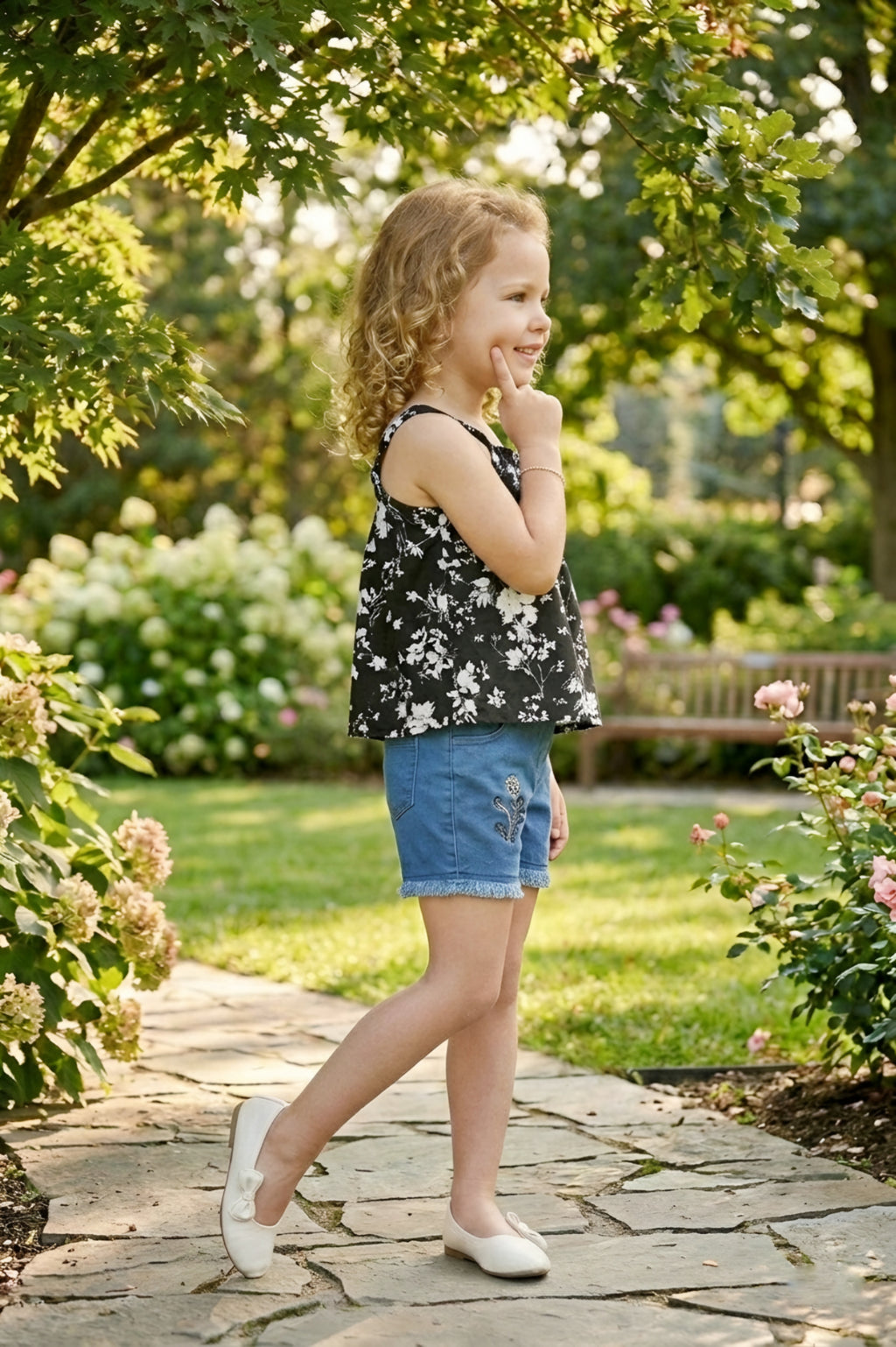 Girls Black Floral Printed Top & Denim Shorts Set