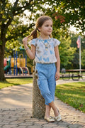 2-Piece Blue Butterfly Printed Top & Cargo Capri Set With Necklace