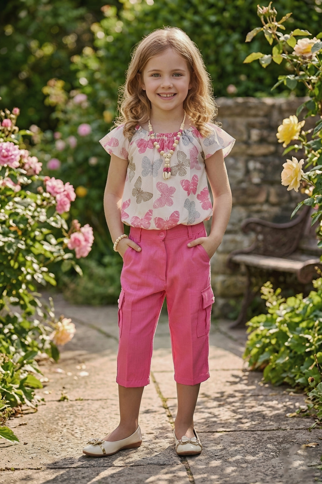 2-Piece Pink Butterfly Printed Top & Cargo Capri Set With Necklace