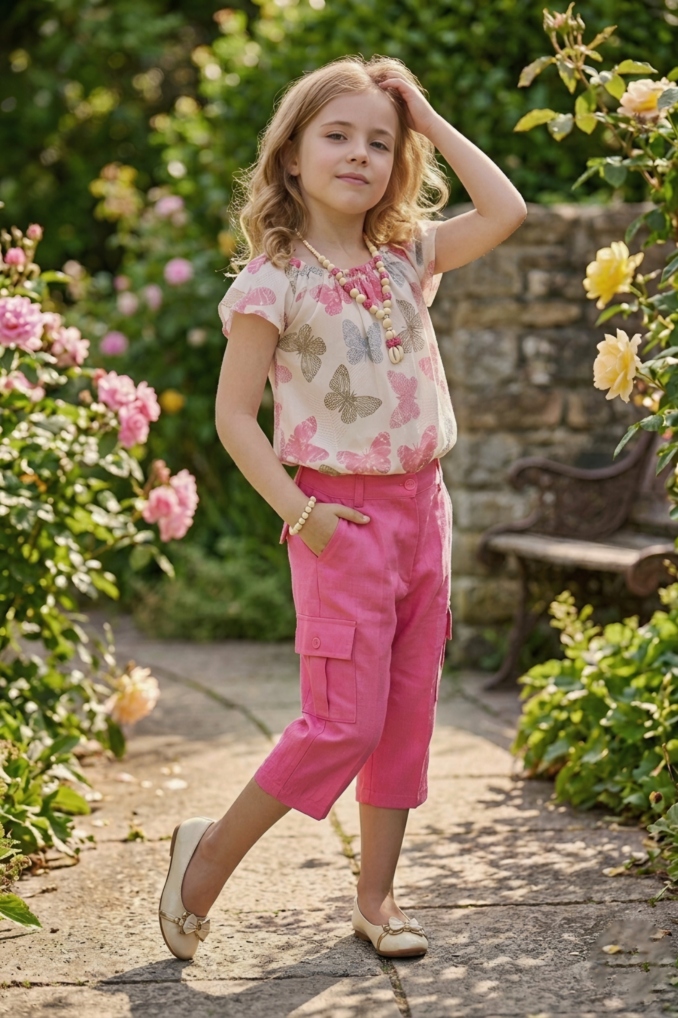 2-Piece Pink Butterfly Printed Top & Cargo Capri Set With Necklace