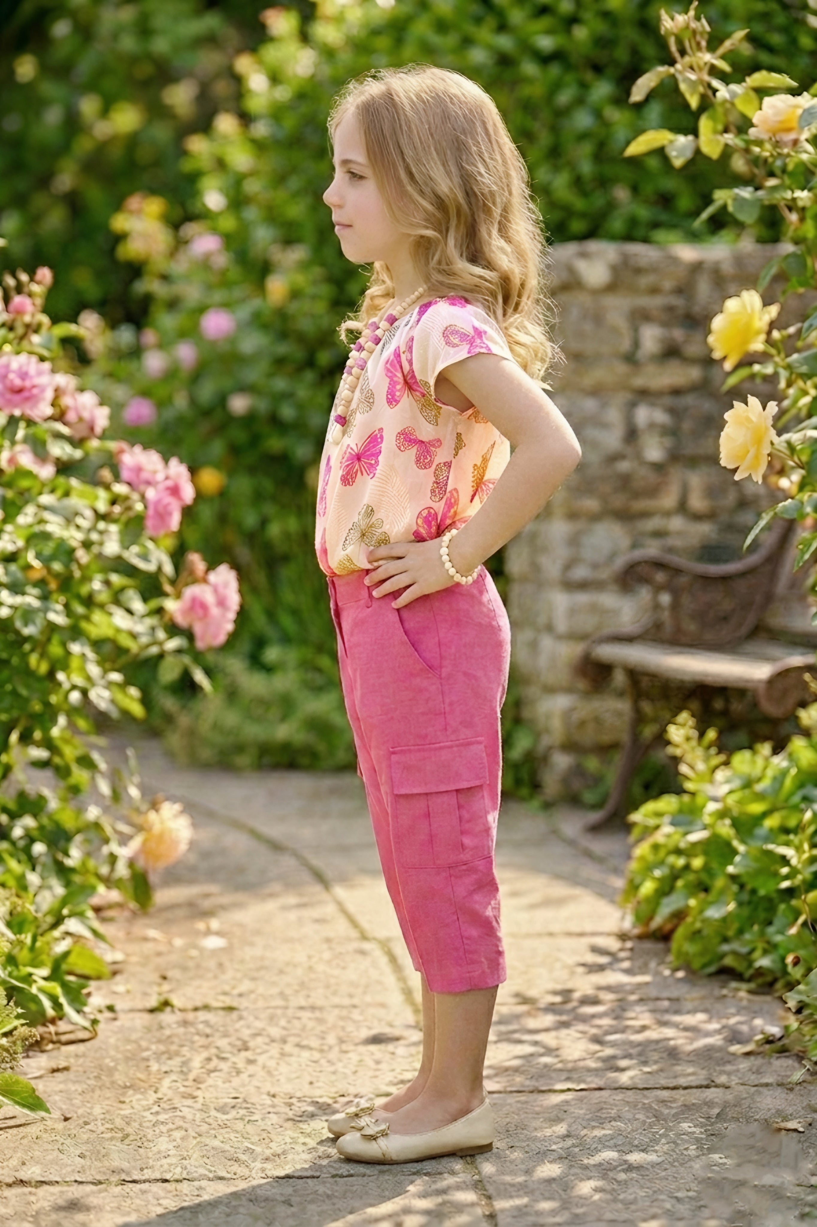 2-Piece Pink Butterfly Printed Top & Cargo Capri Set With Necklace